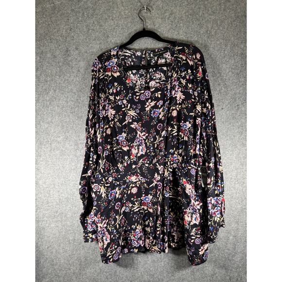 Lane Bryant Blouse Women 26/28 Long Sleeve Black Floral Relax Boho Mature Office - Picture 1 of 8